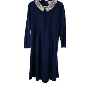 80's 90s Expo Kids Vintage Girls Blue Dress Lace Collar Pleated Wool Blend sz 10